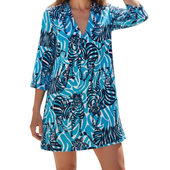 LILLY PULITZER Navy Teal White Zebra Print Long Sleeve Shift Dress - Size 2 - Picture 1 of 12